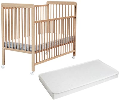 WEBABY - Houten uitschuifbaar babybedje met matras LIVO Gelakt beukenhout 60 x 120 cm