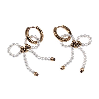 ∅15mm x 2,5mm Oorbellen Dames - Verguld RVS - Witte Schelpstrik Bungelende Oorbellen - Oorringen met Hanger