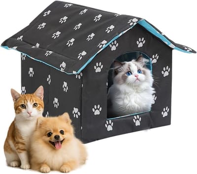 Winterbestendig Buiten Kattenhuis met Verwijderbare Zachte Mat en Gordijn, Vouwbaar voor Binnen en Buiten, Ruimtebesparend en Comfortabel