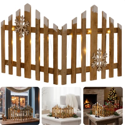 Cheqo® Kersthek Met LED Kerstverlichting - Houten Kersthek - Warm Wit LED - Automatische Timer - Kerstdecoratie Hek - LED Kerstverlichting - Kerstversiering Hout - Batterij - Decoratief Hek