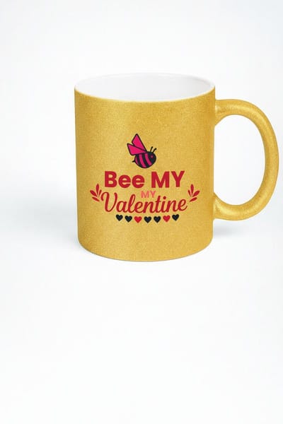 Gouden Glitter Mok "Bee MY Valentine" - Valentijnsdag Cadeau - Romantische Koffiemok met Bij & Hartjes