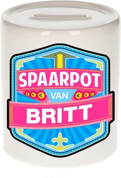 Bellatio Decorations Kinder spaarpot met naam - Britt - keramiek - met dop - wit - Sparen - Spaargeld van Britt