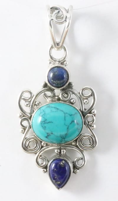 Opengewerkte zilveren hanger met turkoois en lapis lazuli