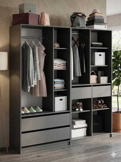 Kledingkast Set 200 x 200 x 50 cm - Open Garderobekast met 4 Laden, 15 Planken en Kledingstangen, Moderne Opbergkast Systeem voor Slaapkamer, Antraciet - Vermissen