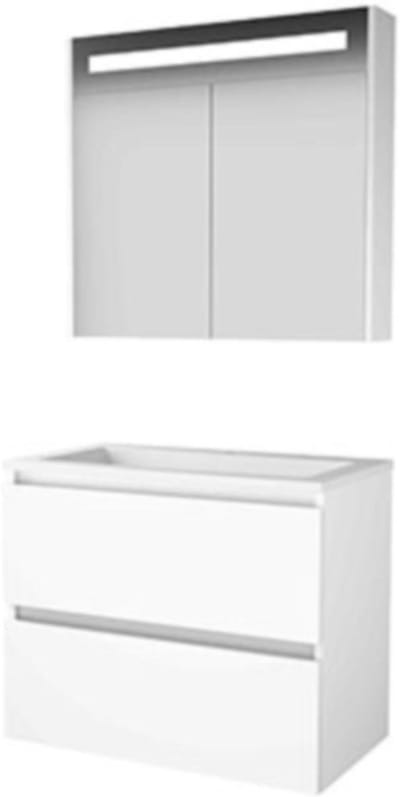 Basic-Line Premium 46 Badkamermeubelset - 80 x 46 cm - Greeploos - 2 Lades - Acryl Wastafel - 1 Kraangat - Spiegelkast met LED Verlichting - Ice White