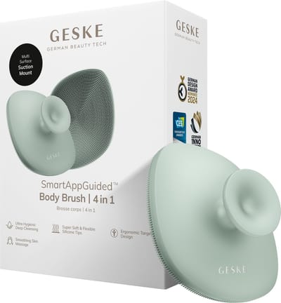 GESKE Body Brush | 4 in 1 | Reinigingsborstel voor het hele lichaam | Dieptereiniging | Zachte siliconen borstelharen | Ergonomisch ontwerp met twee vingers | Reinigingen en massages
