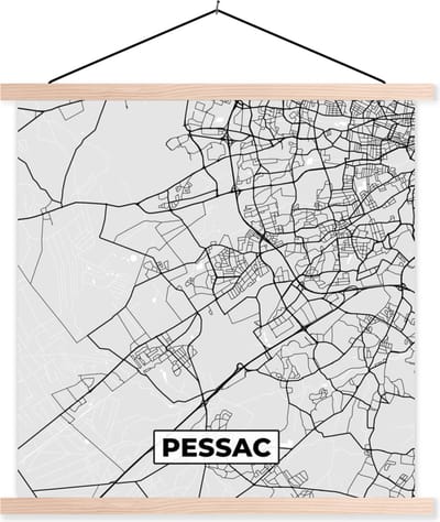 Posterhanger incl. Poster 40x40 cm - Schoolplaat - Frankrijk - Pessac - Stadskaart - Plattegrond - Kaart - Textielposter - Blanke latten - Stadskaart