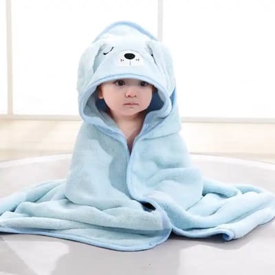Ultra-zachte baby badcape met blauw hondensnoetje - Omslagdoek 80x80cm - Baby fleecedeken - Kraamcadeau