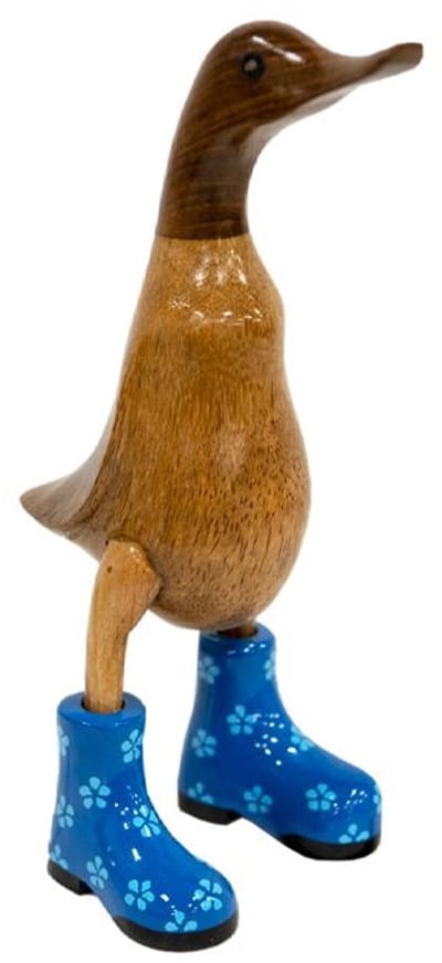 JoJo Living Woonaccessoires - Dieren - Houten eend met laarzen - M - Blauw - 32 cm - Handgemaakt