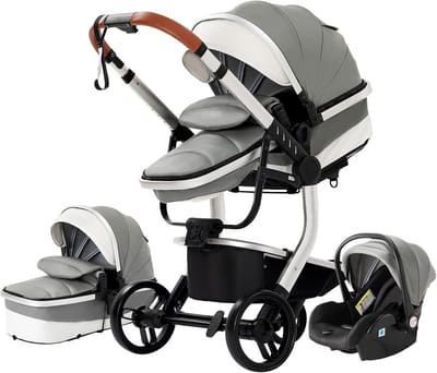 Kinderwagen, PU-leer, 3-in-1, omkeerbare tweerichtingsduwstang, opvouwbaar, draagbaar one-click-design, complete set met accessoires (518 grijs)