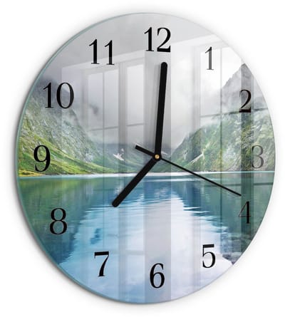 Tulup Wandklok - Bergmeer Decoratieve Glazen Klok - 30fi cm - Veelkleurig Glazen Wandklok Design - Zwarte Handen - Ronde Wandklok - Gekleurde Glazen Klok - Glazen Klok Met Print