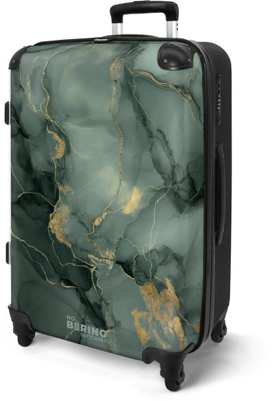 NoBoringSuitcases.com® - Koffer groot - Rolkoffer lichtgewicht - Groene gouden marmer - Vakantie reiskoffer met 4 wielen - Grote trolley XL - Travel suitcase large - 20 kg bagage - Ruimbagage medium met TSA slot