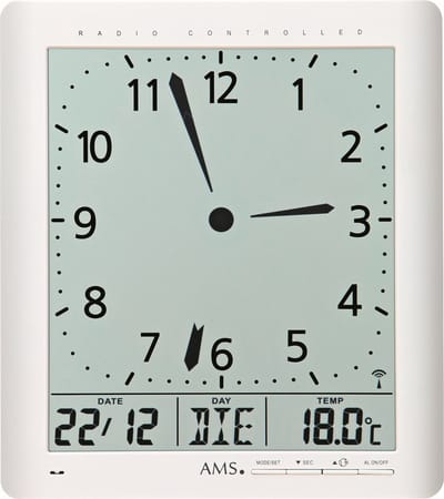 AMS F5896 - Wandklok - Digitaal - Radiogestuurde tijdsaanduiding - LCD - Temperatuur - Snooze - Wit