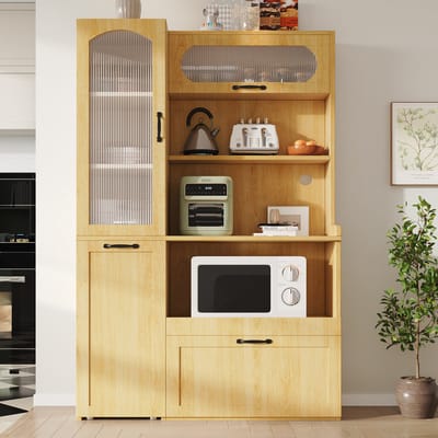 REDOM - Highboard keukenkast met verstelbare legplanken en lade - Riffelglas - Uitneembaar en uitschuifbaar - Modern - Woonkamer - MDF - Naturel - 98 x 40 x 177 cm