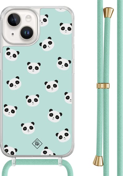 Casimoda® hoesje met mintgroen koord - Geschikt voor iPhone 14 - Panda Print - Afneembaar koord - TPU/acryl - Mint