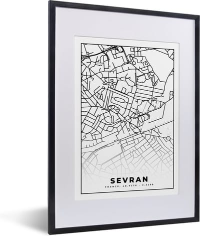 Fotolijst incl. Poster Zwart Wit- Kaart - Sevran - Frankrijk - Stadskaart - Plattegrond - Zwart wit - 30x40 cm - Posterlijst