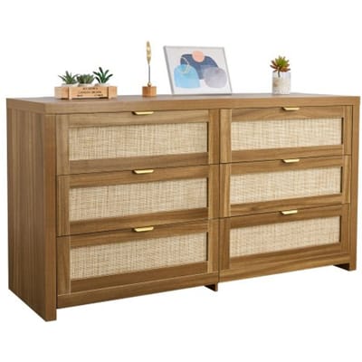 VEVOR Rattan Commode met 6 Laden en Metalen Handgreep, Moderne Rattan Kast voor Slaapkamer, Woonkamer, Hal (144,5 x 45 x 79,5 cm) Kledingkast met Laden Walnoot