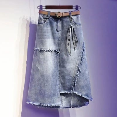 Lente en Herfst Grote Maat Gat Wit Denim Rok Halve Rok Vrouwen Bontrand Lange Versie Eén Stap Rok S blauw