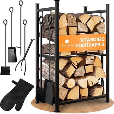 Haardhoutstandaard met Bestek - Brandhoutrek Haardrek - Haardhout Opbergen - Inclusief Leren Handschoen - 72 x 46 x 30 cm