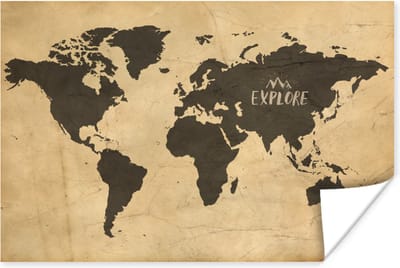 Poster 30x20 cm - Wereldkaart - Explore - Vintage - Posters - Kamer decoratie - Wanddecoratie woonkamer - Muurdecoratie slaapkamer