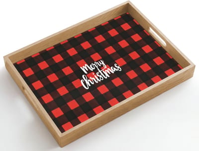 Dienblad hout 50x35 cm - Schootdienblad - Geruit - Rood - Tekst - Christmas - Borrelplank rechthoek - Plateau dienbladen