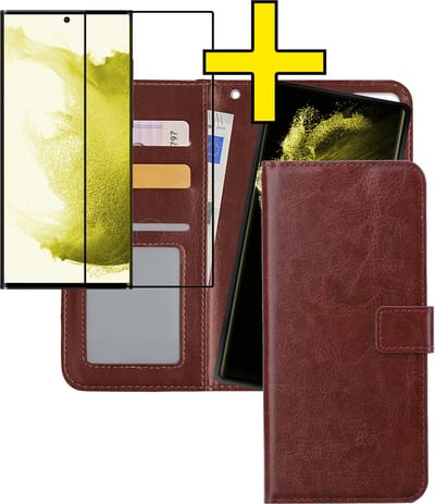 Hoesje - 2 in 1 - Geschikt voor Samsung Galaxy S22 Ultra - Met Screenprotector - En Uitneembare Hard Cover - Bookcase - Wallet Case - Met Pasjeshouder - Book Case - Uitneembaar - Pashouder - Kunstleer - Telefoonhoesjes - Bruin