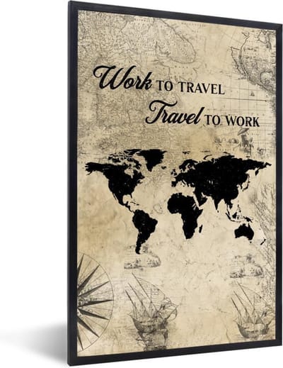 Poster in lijst - Wereldkaart - Vintage - Quotes - Bruin - Fotolijst - Wanddecoratie - Poster - Slaapkamer - Kader - 80x120 cm - Kamerdecoratie - Foto in lijst - Muurdecoratie - Poster frame