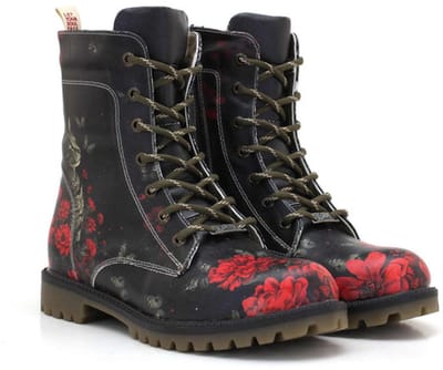 Goby Dames Veterboots – Rode Bloemenprint – Handgemaakt Vegan Leer – Comfortabele Damesboots – Maat 39