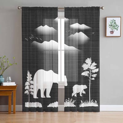 Berensilhouet Bos Vogel Dier Natuurlijk Zwart Raam Tule Gordijnen voor Woonkamer Hotel Luxe Decoratie Transparante Gordijnen 135W x 114H(cm) gray