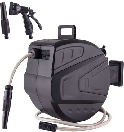 Kibani Wandslangenbox 30 meter – Automatische Tuinslanghaspel – 180° Draaibaar – Inclusief Sproeikop – Knikvrije Tuinslang – Wandhouder - Waterslanghaspel