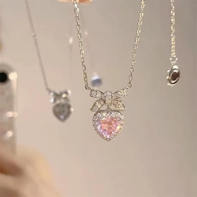 Glanzende Y2K Roze Hart Ketting voor Vrouwen Zoete Coole Tieners Kpop Strik Strass Verfijnde Sleutelbeenketting Choker Feest Sieraden gray