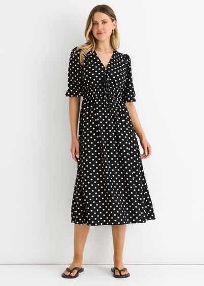 Zwarte stippenprint midi-jurk met gerimpelde taille