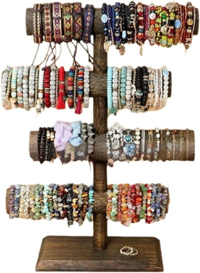 Houten armbandhouder met 4 niveaus, sieradenorganizer voor armbanden, horloges en kettingen, vintage design en stijlvolle opslagoplossing.