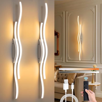 Rosnek Oplaadbare Draadloze Wandlampen met Golflinie (Batterij-aangedreven) - Continu Kleurinstelbaar 3000K-6000K met Afstandsbediening & Dimbaar Wandlamp Binnen, Slaapkamer, Studiekamer, Gang (2 stuks,Wit)