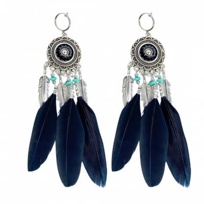 Klem oorbellen -zwart -turquoise- veren-geen gaatje-Charme bijoux