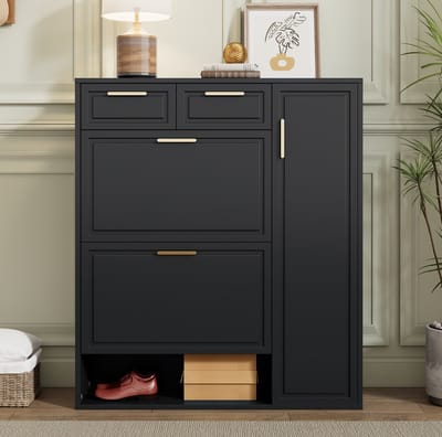 MEUNIQ Moderne schoenenkast 95 x 24 x 107,5 cm met verstelbare planken, 2 lades, klepvakken, deur en open vakken voor hal of entree, zwart