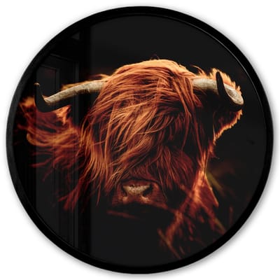 Poster in lijst Rond - Fotolijst 40x40 cm - Posters - Schotse hooglander - Koe - Hoorns - Portret - Dieren - Ronde posterlijst zwart - Decoratie - Wanddecoratie woonkamer - Muurdecoratie slaapkamer