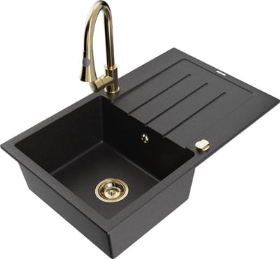 Mexen Bruno granieten spoelbak 1-kompartment met afdruiprek en keukenmengkraan Elia, zwart/zilver metallic - 6513-73-670101-50