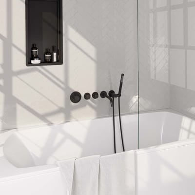 Brauer Black Carving thermostatische inbouw badkraan SET 01 met uitloop en staaf handdouche en doucheslang en wandaansluitbocht mat zwart