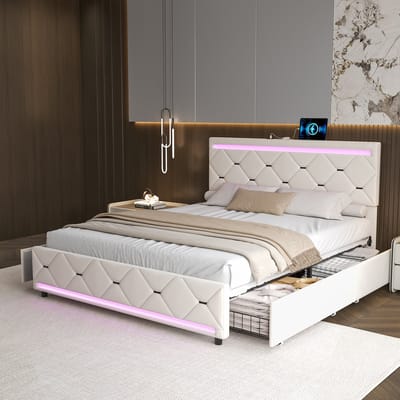 Tweepersoonsbed 160x200 cm | 4 Laden Opbergruimte | USB + LED Verlichting Hoofd- & Voetbord | Fluweel Beige, Modern Design
