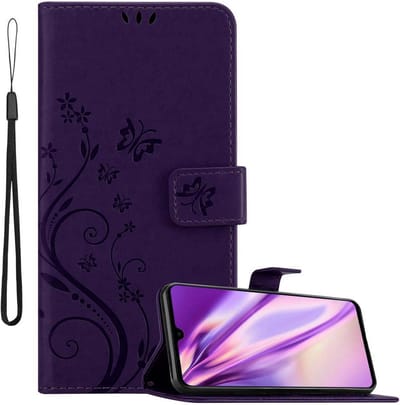 Cadorabo Hoesje geschikt voor Huawei MATE 20 in BLOEMEN DONKER PAARS - Beschermhoes in bloemmotief met magnetische sluiting, standfunctie en kaartsleuven Book Case Cover Etui