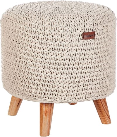 Handgemaakte Boho Voetenbank Katoen Macramé Hocker Hout Beige 40x40x40 cm