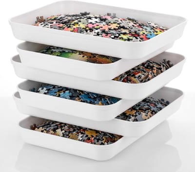 Thijox - Set van 6 Stapelbare Puzzelbakjes, Extra Grote Puzzeldienbladen voor 3000 Stukjes, Organizer en Puzzelcontainer, 30,5 x 22 cm, Wit