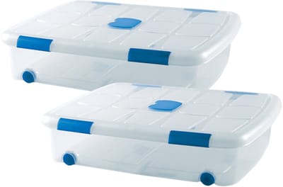 Plasticforte Opslagbox - 2x stuks - met deksel - 41L - 73 x 55 x 16 cm - transparant - opbergbak - met wielen