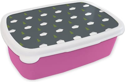 Broodtrommel Roze - Lunchbox - Brooddoos - Bomen - Konijn - Patroon - 18x12x6 cm - Kinderen - Meisje