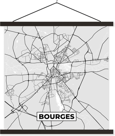 Posterhanger incl. Poster 60x60 cm - Schoolplaat - Stadskaart - Frankrijk - Kaart - Bourges - Plattegrond - Textielposter - Zwarte latten - Stadskaart