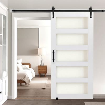 VEVOR schuifdeursysteem in schuurstijl (1067 x 2134 mm) gemaakt van zeer sterk MDF-paneel en matglas, schuurdeur met beslagset en waterdicht PVC-oppervlak en H-frame voor badkamers