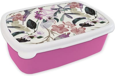 Broodtrommel Roze - Lunchbox - Brooddoos - Jungle - Bloemen - Vintage - Patronen - 18x12x6 cm - Kinderen - Meisje