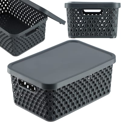 KADAX Opbergmand, mand met deksel, opbergkist, opbergdoos van plastic, moderne plankmand, container met ventilatiegaten (4,5 l, grijs)