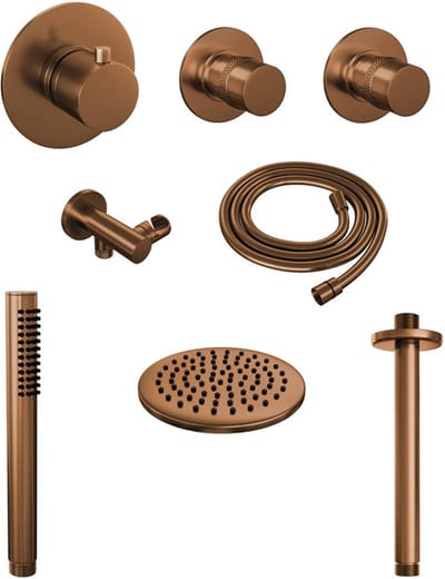 Brauer Copper Edition thermostatische inbouw regendouche SET 05 met 20 cm douchekop en plafondarm en staaf handdouche en doucheslang en wandaansluitbocht koper geborsteld PVD